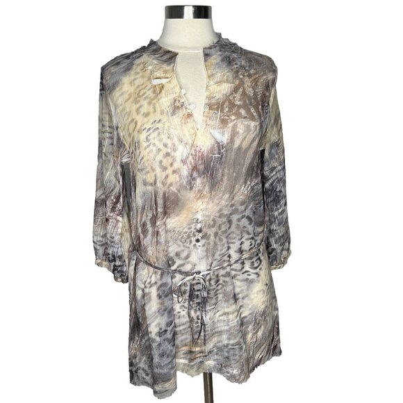 Komarov Tops - Komarov Shirt M Womens Gray Animal Print Semi Sheer Tie Tunic 3/4 Sleeves USA